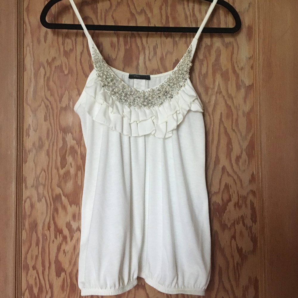 White spaghetti strap top with pearl accents